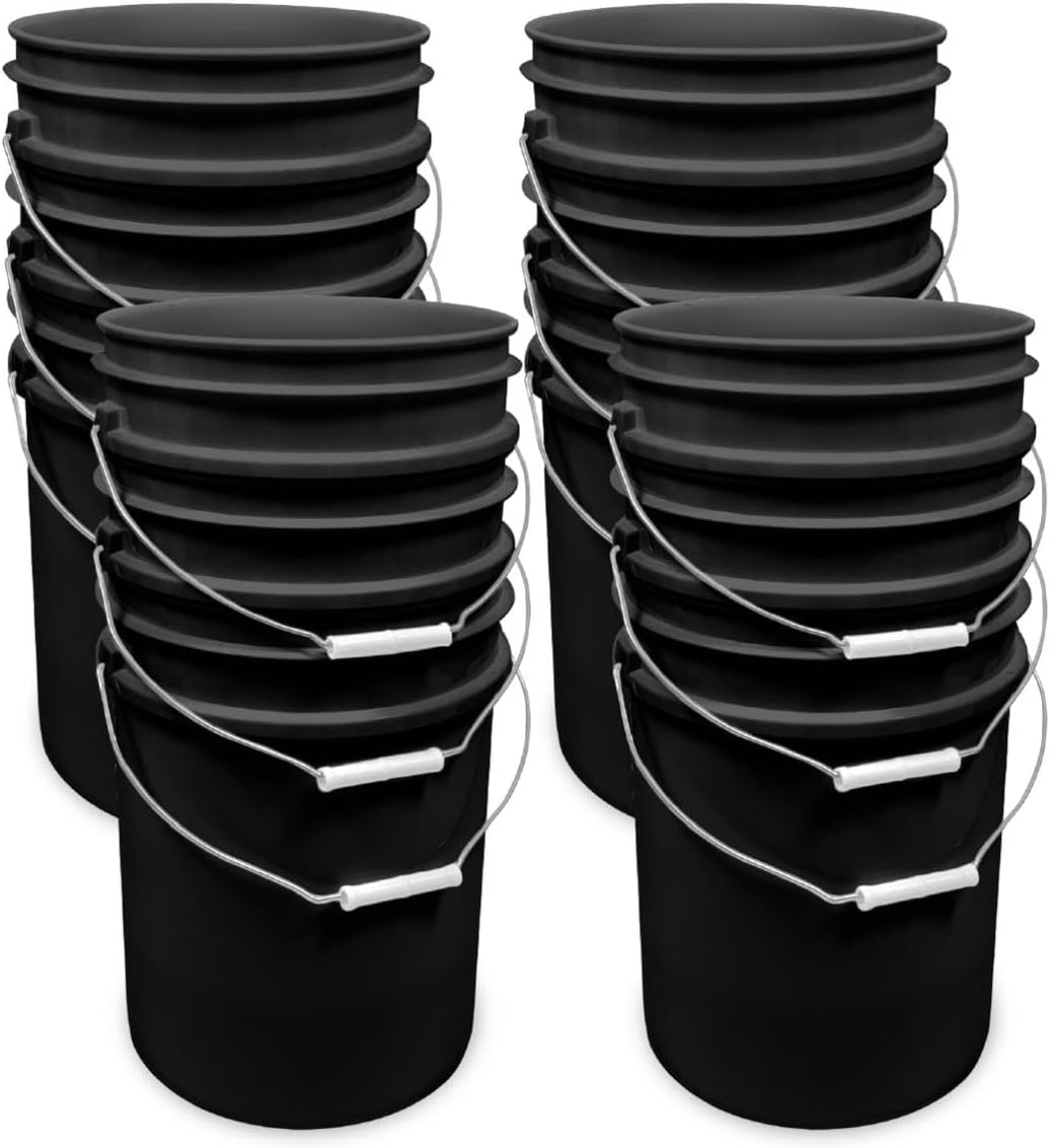 5 Gallon Bucket - Food Grade Bucket, Metal Handle Grip, BPA-Free, Heavy-Duty 90 Mil HDPE Plastic Pail, Stackable Utility Container, Made in USA, Lid Not Included, Black, 12 Packs