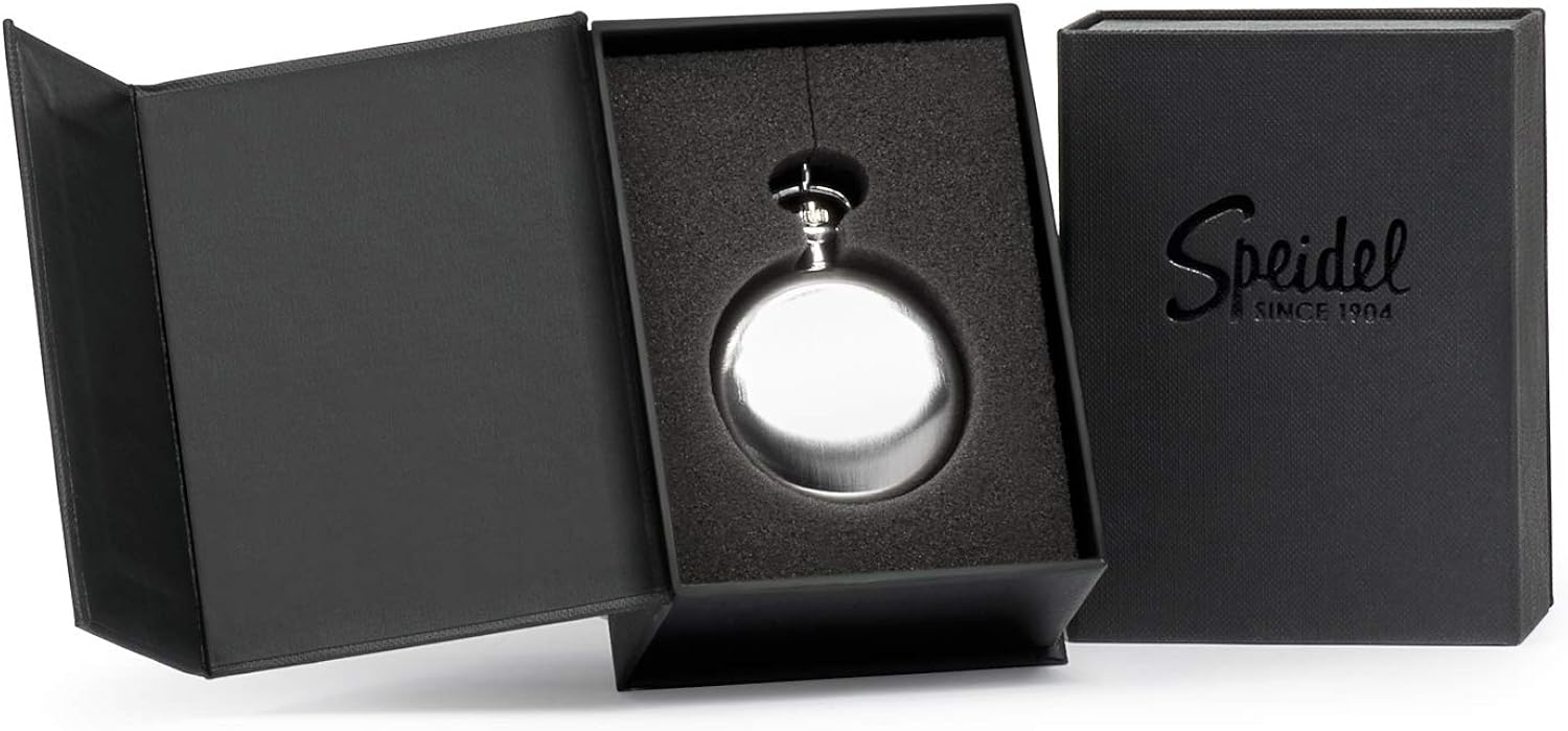 Speidel Classic Brushed Satin Silver-Tone Pocket Watch with 14" Chain, Black Dial, Seconds Hand, Day and Date Sub-Dials (Engraved) : Clothing, Shoes & Jewelry