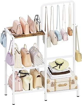 Floor-Standing 3-Tier Purse Organizer, High-Capacity Bag Holder with 8 Hooks, Multi-Functional Purse Rack for Various Bags, Handbag Display Stand Shelf for Closet, Bedroom, Entryway, White
