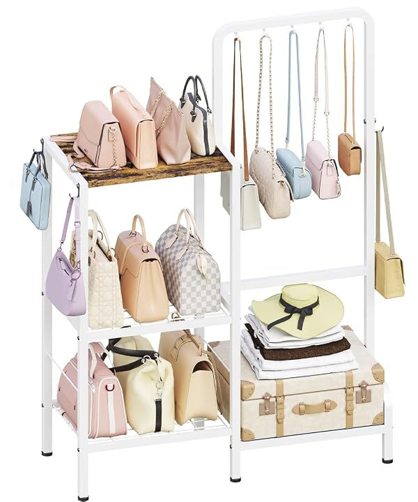 Whoonba Floor-Standing 3-Tier Purse Organizer, High-Capacity Bag Holder with 8 Hooks, Multi-Functional Purse Rack for Various Bags, Handbag Display Stand Shelf for Closet, Bedroom, Entryway, White by Whoonba - Used condition - US$37.37