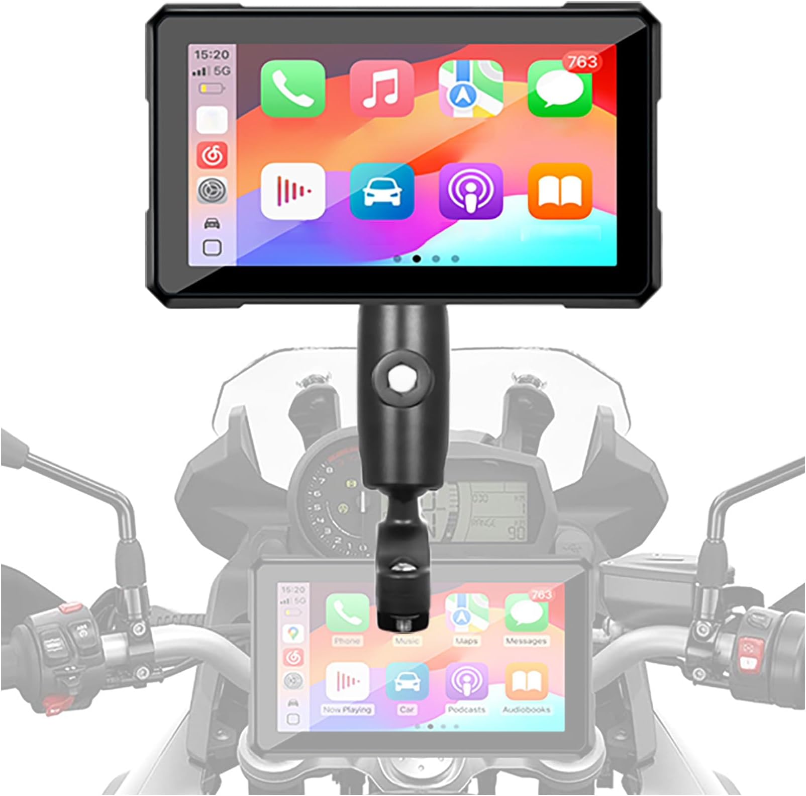 Motorcycle GPS Navigation Screen for Harley Davidson Dyna Wide Glide 1993-2015 2016 2017, 5 Inch Wireless Water-Resistant Touch Display with CarPlay & Android Auto, Universal Handlebar Mount