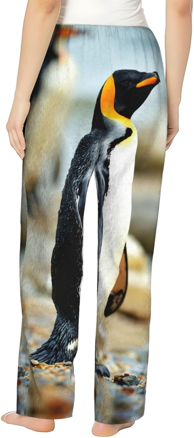Penguin Print Cozy Flannel Pajama Pants For Women,Warm Christmas Pj Pants,Cute Fleece Pajamas
