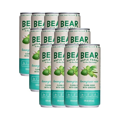Bear Maple Farms Clean Soda, enfoque natural y claridad de ginseng, sin cafeína, 5-10 calorías por porción, endulzado naturalmente, lata de 12