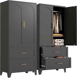 Black metal wardrobe cabinet with two drawers and hanging rod