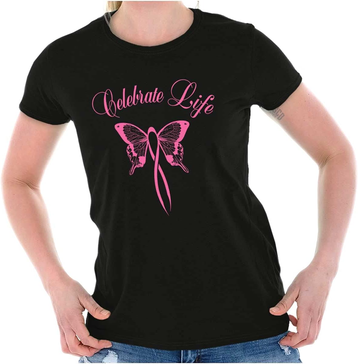 Classic Teaze Celebrate Life Breast Cancer Support Womens Slim Fit Graphic Tee