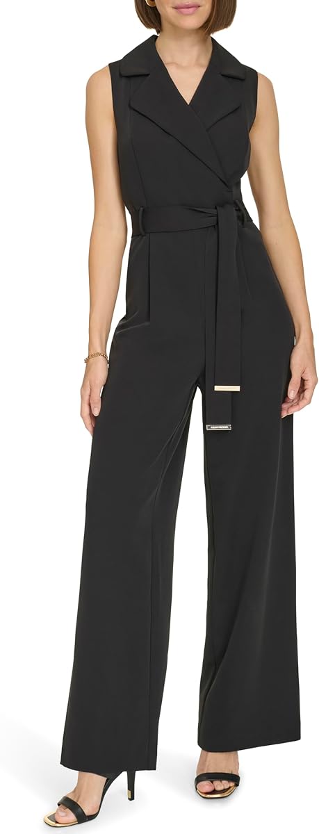Women's Sleeveless Collared V Neck Straight Leg Jumpsuit
