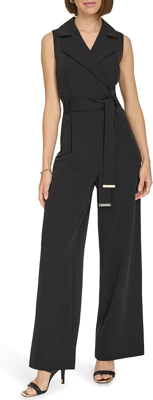 Women's Sleeveless Collared V Neck Straight Leg Jumpsuit