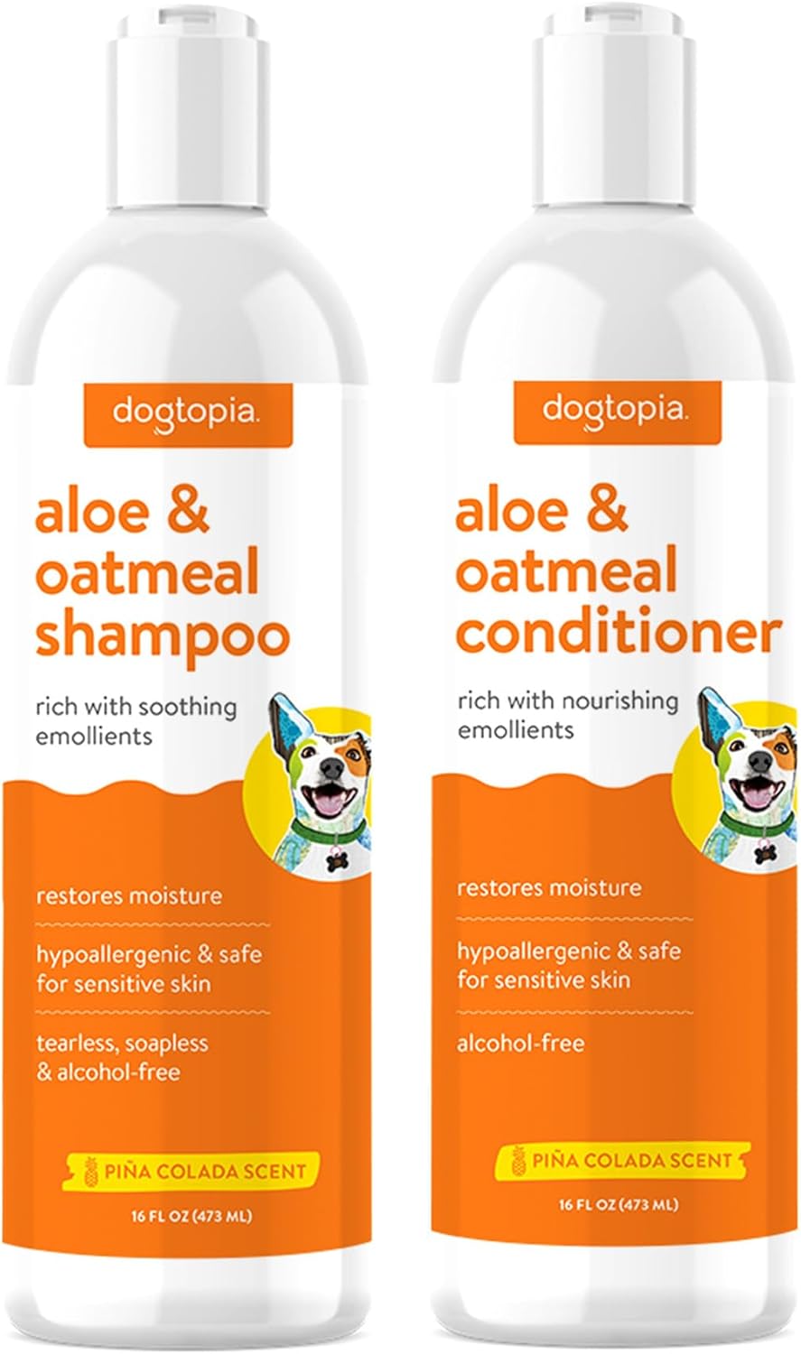 Aloe & Oatmeal Canine Shampoo and Conditioner Combo – Pores and skin Protected Hydration, Emollient Wealthy, Moisturizing (Shampoo & Conditioner Set) – 2X 16oz Bottles w/Pina Colada Scent