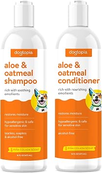 Aloe & Oatmeal Dog Shampoo and Conditioner Combo - Skin Safe Hydration, Emollient Rich, Moisturizing Shampoo & Conditioner Set - 2X 16oz Bottles w/Pina Colada Scent