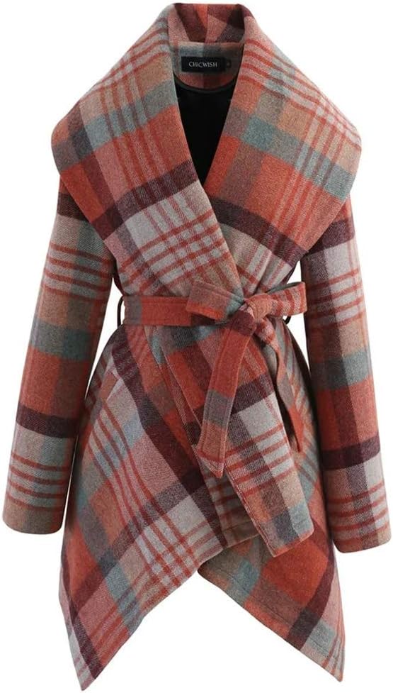 CHICWISH Women's Turn Down Shawl Collar Earth Tone Check Asymmetric Hemline Wool Blend Coat - Image 4