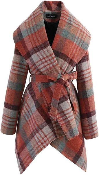 CHICWISH Women's Turn Down Shawl Collar Earth Tone Check Asymmetric Hemline Wool Blend Coat