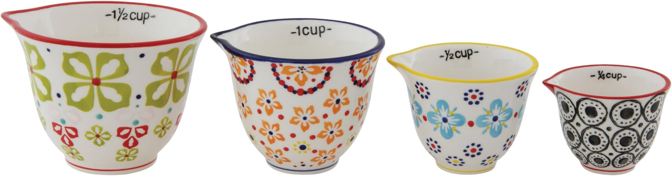 Creative Co-Op Floral Hand Stamped Stoneware Measuring Cups (Set of 4 Sizes/Designs)