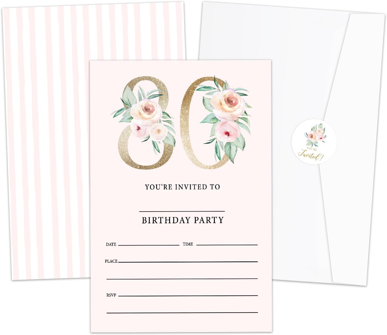 90th Rose Floral Birthday Party Invitations for Woman, 90 Years Old Invites Cards with Envelopes and Sticker (20 Pack), Party Decorations Supplies -23