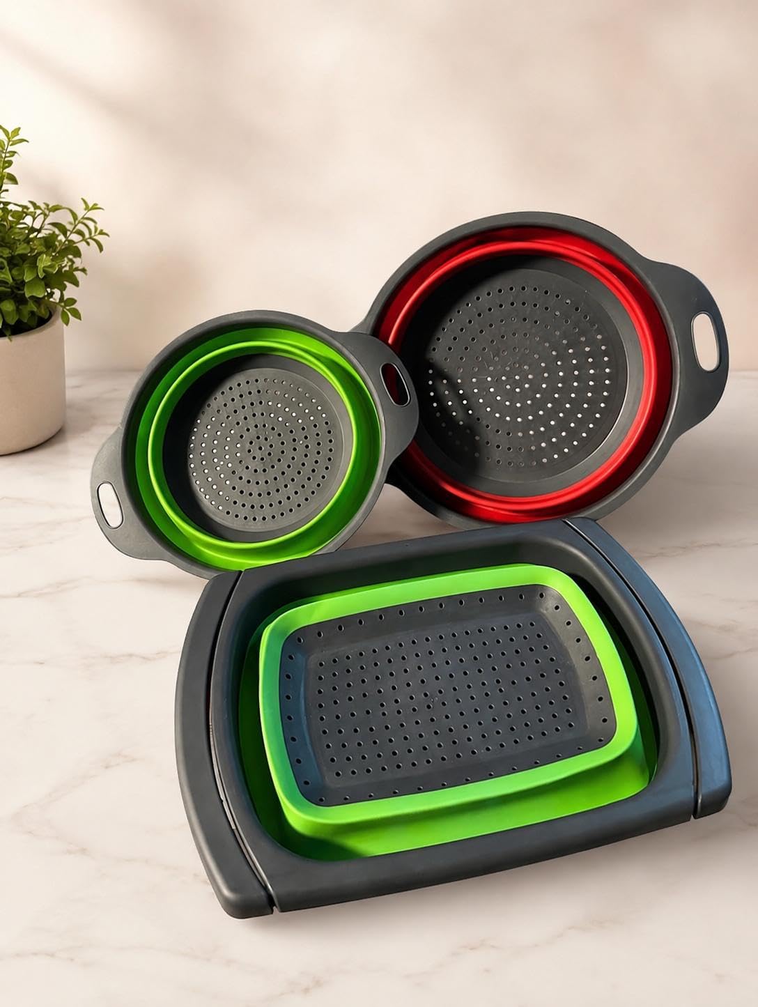 Collapsible Silicone Colander Set, 3-Piece Kitchen Strainer Set with Extendable Handles, BPA-Free, Space Saving
