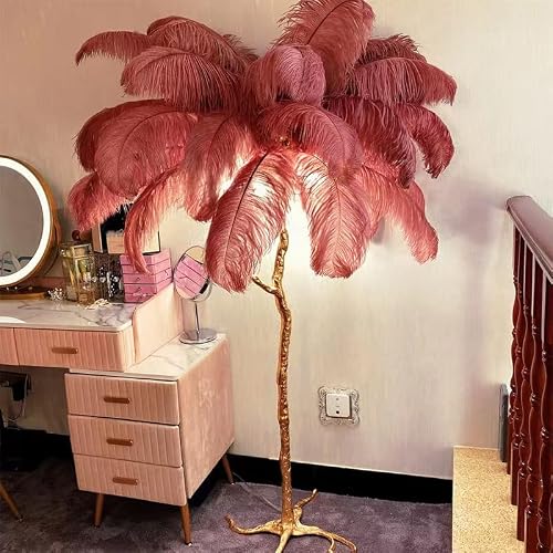 Cephok Nordic Simple Ostrich Feather Golden Floor Lamp Romantic Study Bedroom Bedside Reading Floor Lamp Ostrich Golden Feather Floor Lamp (32 Feathers, Pink) #TOP4