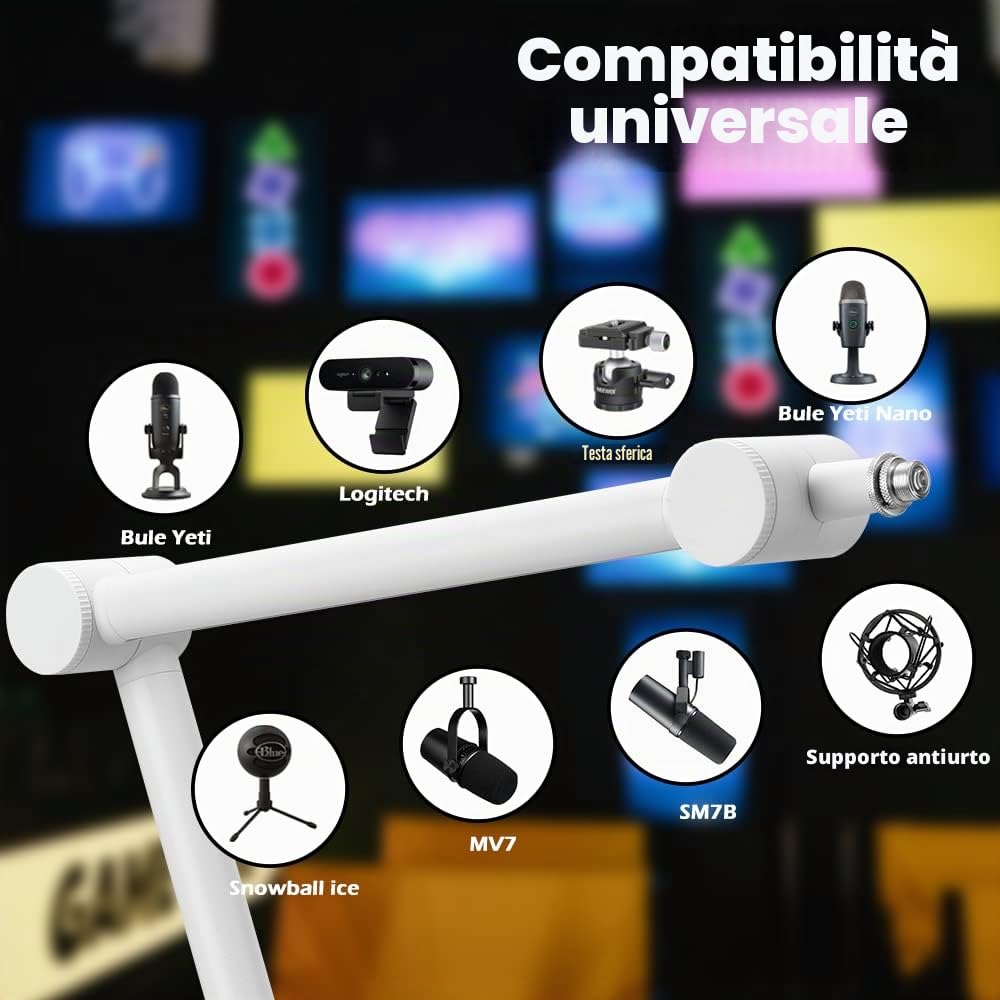 BOMGE Supporto per microfono a braccio braccio, regolabile, resistente, con supporto a forbice con canali di gestione dei cavi, morsetto da scrivania per podcast, streaming, giochi(bianco)