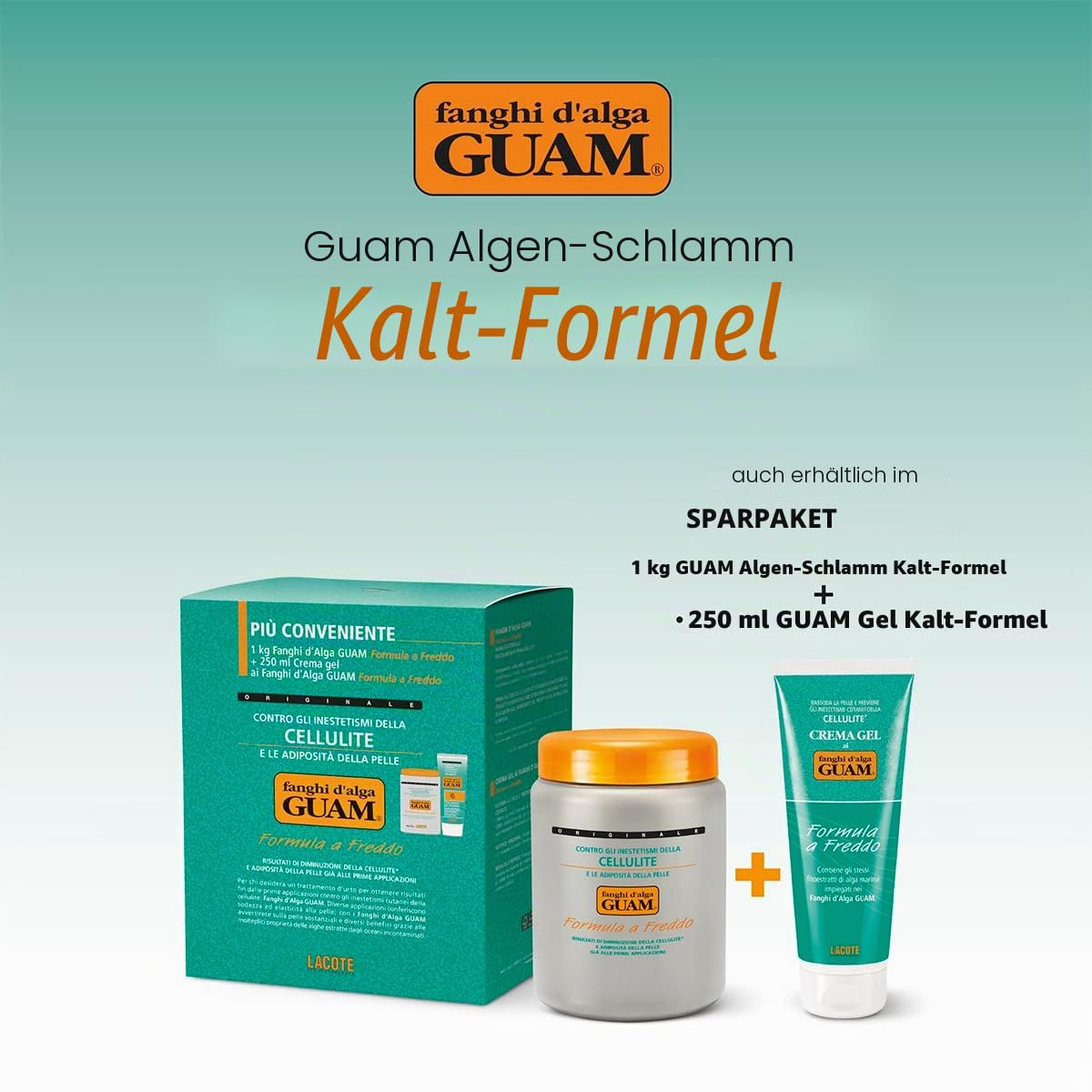 Guam, Algenfango Guam Set Kühleffekt, Packung mit 1 kg Algenfango Formel Kühleffekt + 250 ml Algenfango Gelcreme Formel Kühleffekt, Set Anti-Cellulite, Made in Italy