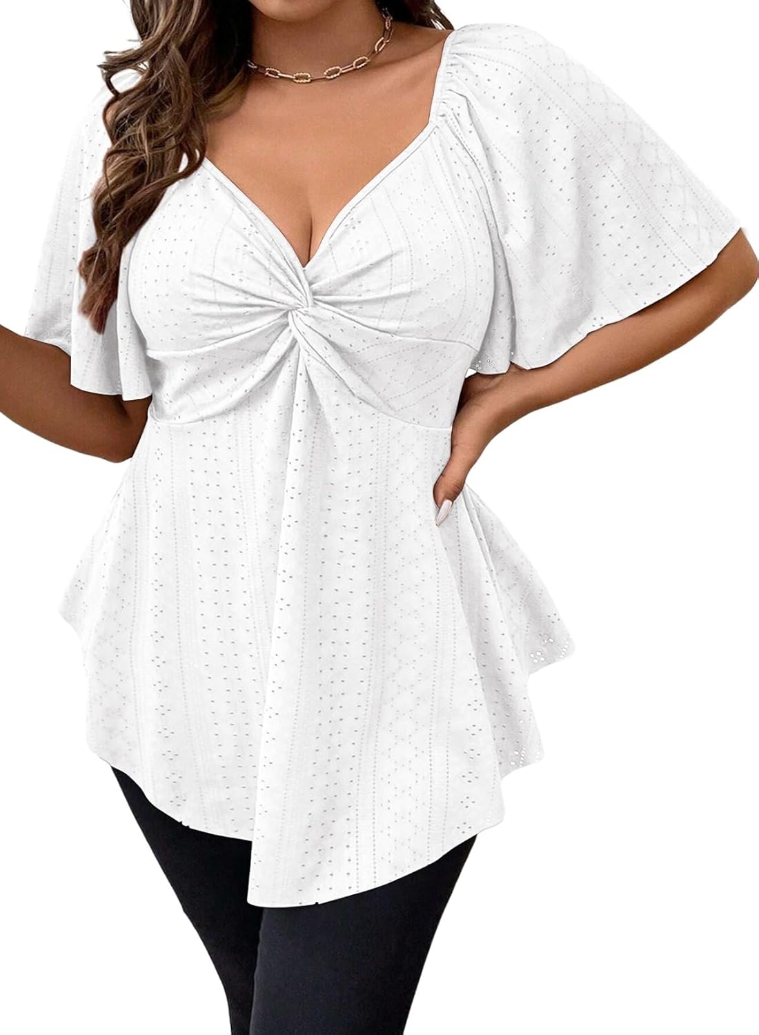 Eytino Womens Plus Size Tops Twist Front V Neck Short Sleeve Eyelet Embroidery Summer Loose Blouse Shirts(1X-5X)