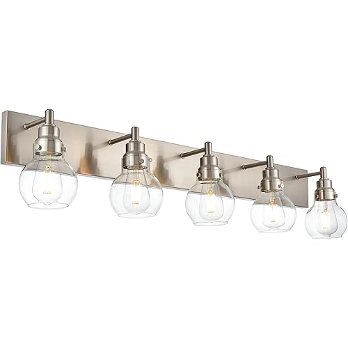 WULLUX Bathroom Light Fixtures Brushed Nickel 5 Lights Vanity Lighting with Clear Globe Glass, Indoor Wall Lights for Mirror Bath Hallway, E26 Base