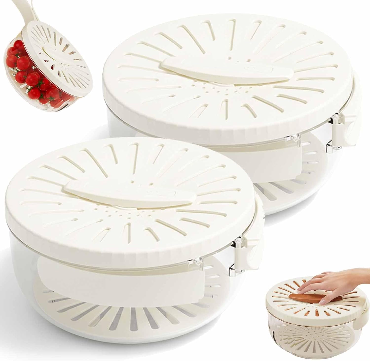 2-in-1 Draining and Preservation Basket: Simplify Washing & Storing, Multifunctional Fruit and Vegetable Washing Bowl with Lid, Sink Strainer Container for Rinsing, Draining (2*Big White)