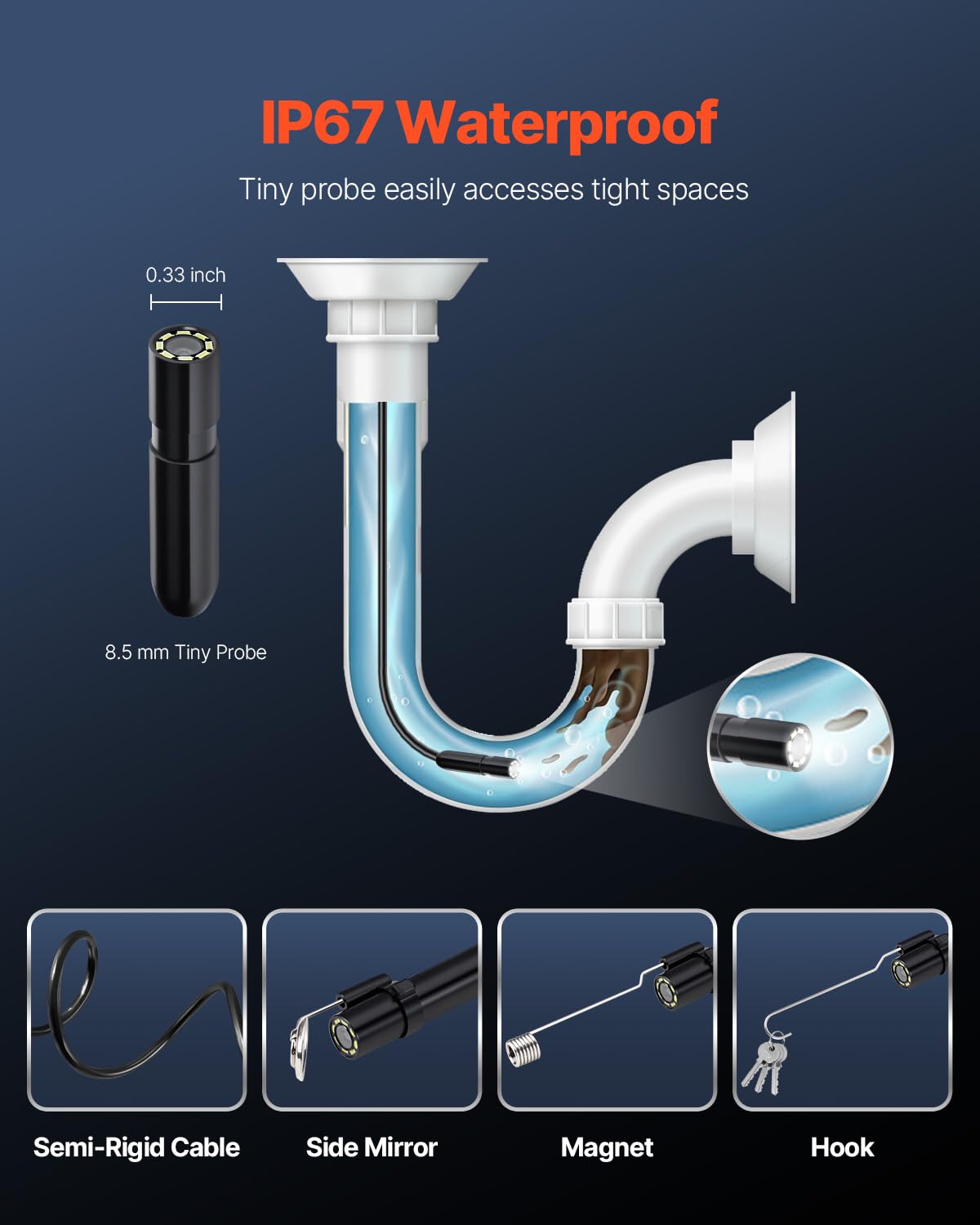 VEVOR Endoscope Camera with Light, 1920P HD Borescope for Android & iOS, 8 LED Lights Inspection Camera with 16.4FT Semi-Rigid Cable, 2X Zoom, IP67 Waterproof Snake Scope Camera for Auto, Plumbing