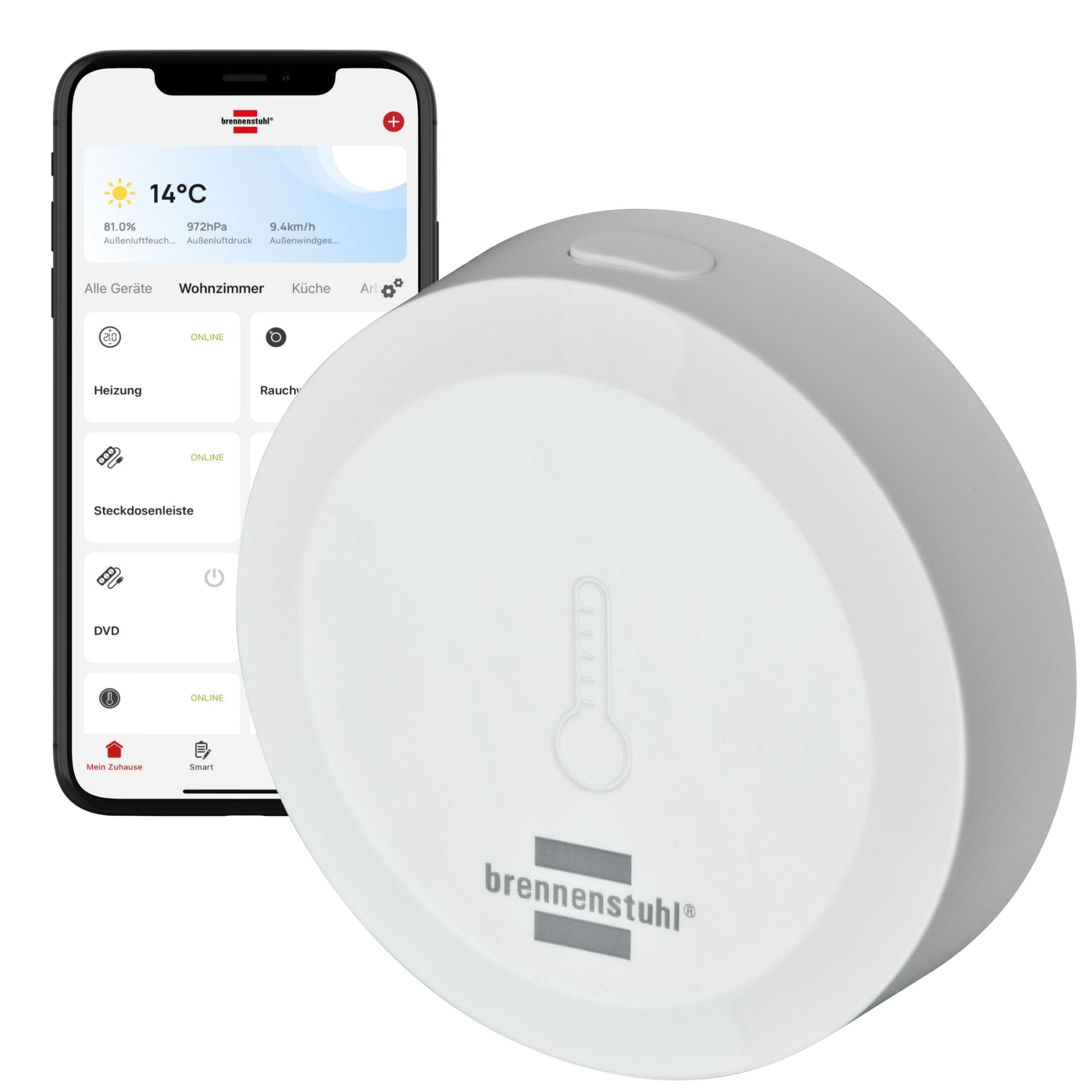 Brennenstuhl Connect Zigbee Temperatur- und Feuchtigkeitssensor TFS CZ 01 (smartes Temperatur- und Feuchtigkeitsmessgerät, Benachrichtigung aufs Handy, Smart Home, intelligente Szenen, kostenlose App)