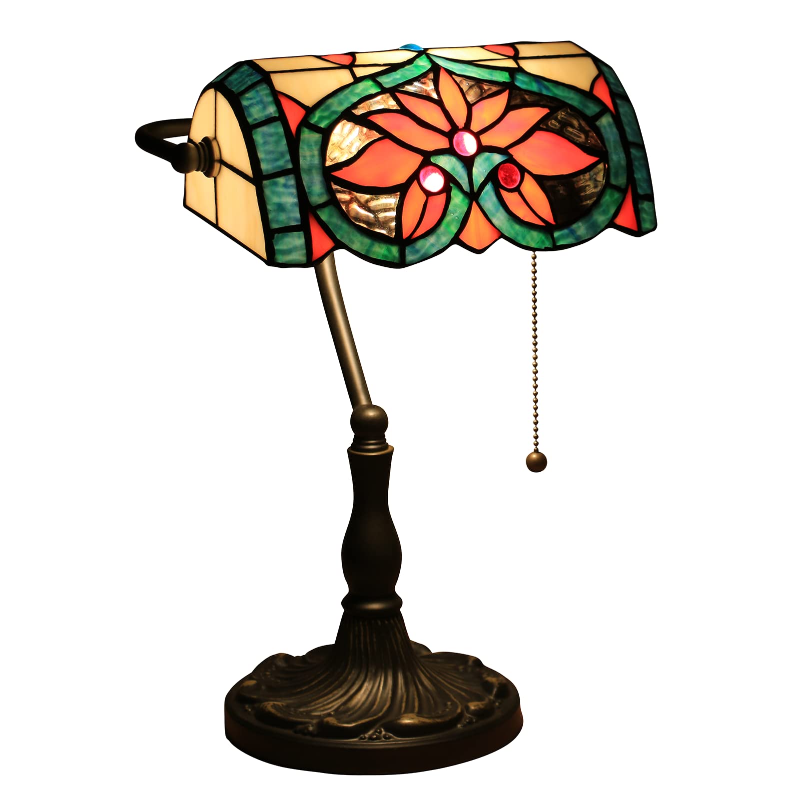 Aioneer Bankers Desk Lamp, Tiffany Lamp With Pull Chain Switch, Glass Table Lamp, Reading Lamps For Bedside Table, Art Deco Lamps-A