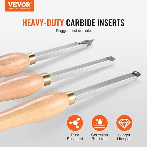 Miniatura 2 de VEVOR Juego de cinceles de torno de madera, 3 herramientas de torneado para carpintería, incluye hojas cuadradas redondas, de carburo de diamante