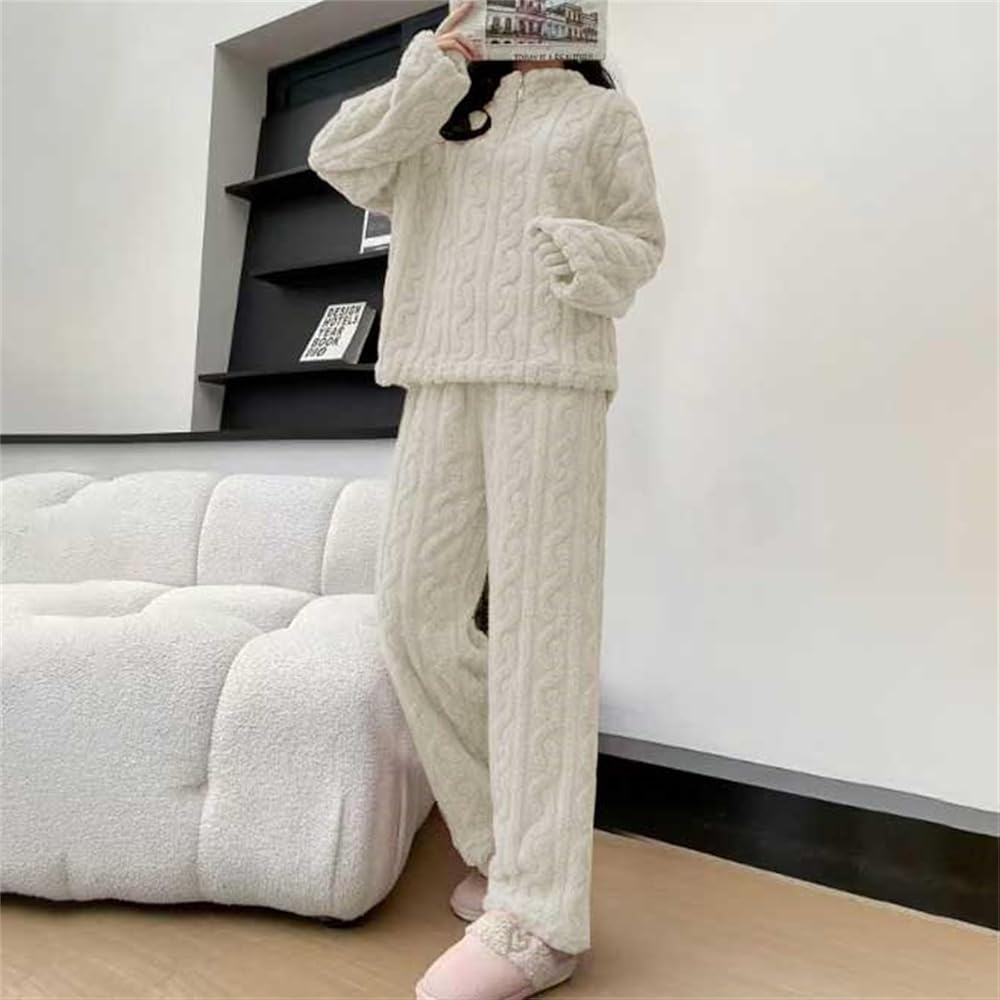 Generisch Pyjama D'hiver Pour Femme - Polaire Chaude - Moelleux - Col Rond - Sweat-shirt - Couleur Unie - Pantalon En Peluche - Ensemble Pyjama Deux Pièces Avec Poches - Chaud Et