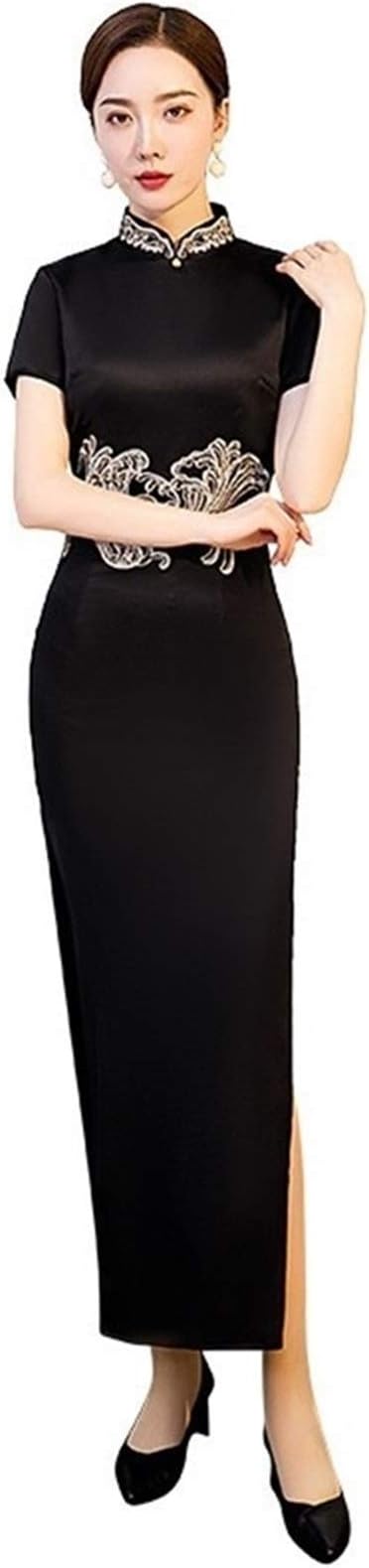 HLMJ Moda Slim Cheongsam Vestito Ricamato Lungo Cinese Retro Qipao Manica  Corta Stand Collar Seta Cheongsam (Color : Black, Size : M.) : Amazon.it:  Abbigliamento