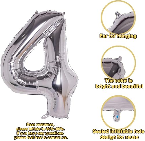 Miniatura 2 de 4 globos plateados, globos de papel aluminio de 40 pulgadas para decoración de fiesta, globos digitales de helio Mylar (número plateado 4)