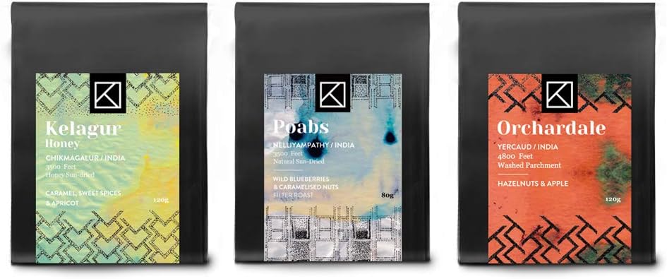 KCROASTERS by Koinonia, 120gm X 3 Medium-Dark Roast Sampler Pack, Arabica Coffee Beans, Roasted & Ground For South Indian Filter, Packed in Biodegradable Bags