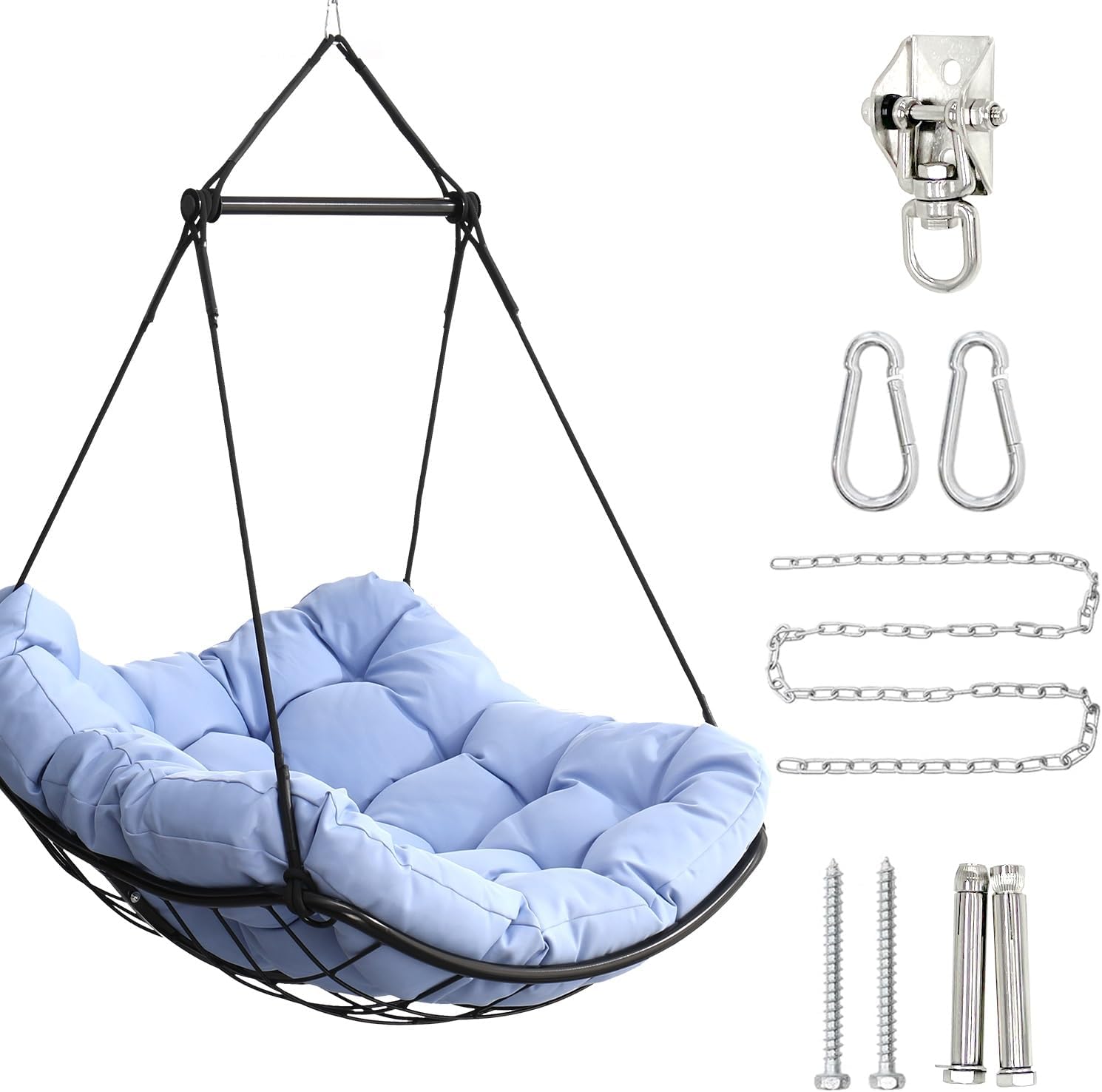 Hammock Chair Swing with Cushion - Outdoor Indoor Hanging Hammock Chair for Patio, Porch, Bedroom, Garden, Courtyard, Balcony - Sturdy Steel Bar with Anti-Slip Safety Rings(Blue Gray)