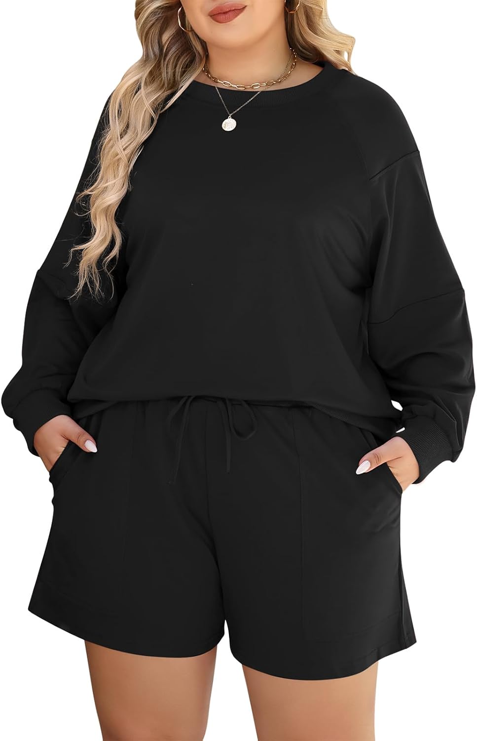 Nemidor Plus Size Fall Sweatsuit for Women Spring Matching Lounge Sets Casual Long Sleeve Top and Shorts Outfits 2 Piece