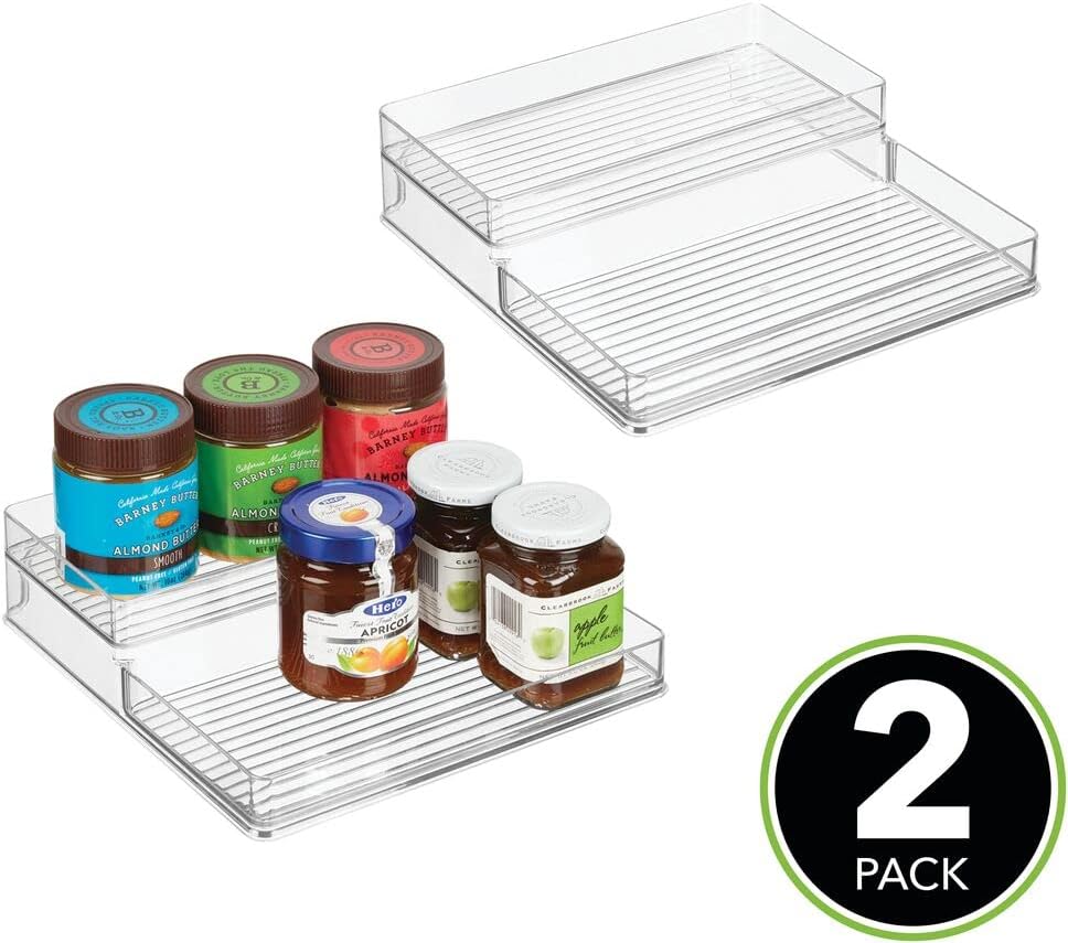 mDesign Plastic Kitchen Food Storage Organizer Shelves, Spice Rack Holder for Cabinet, Cupboard, Countertop, Pantry - Holds Jars, Baking Supplies, Canned Food, Pasta - 2 Levels, 10" W, 2 Pack - Clear
