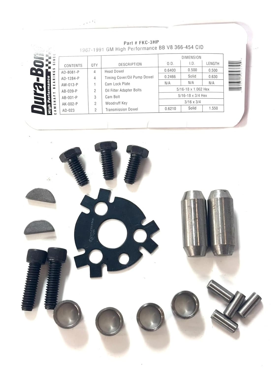 Dura Bond Engine Hardware Finishing Kit Compatible with Big Block Chevy 396, 402, 427, 454, Includes Head Dowels, Cam Bolts, Crank Woodruff Keys