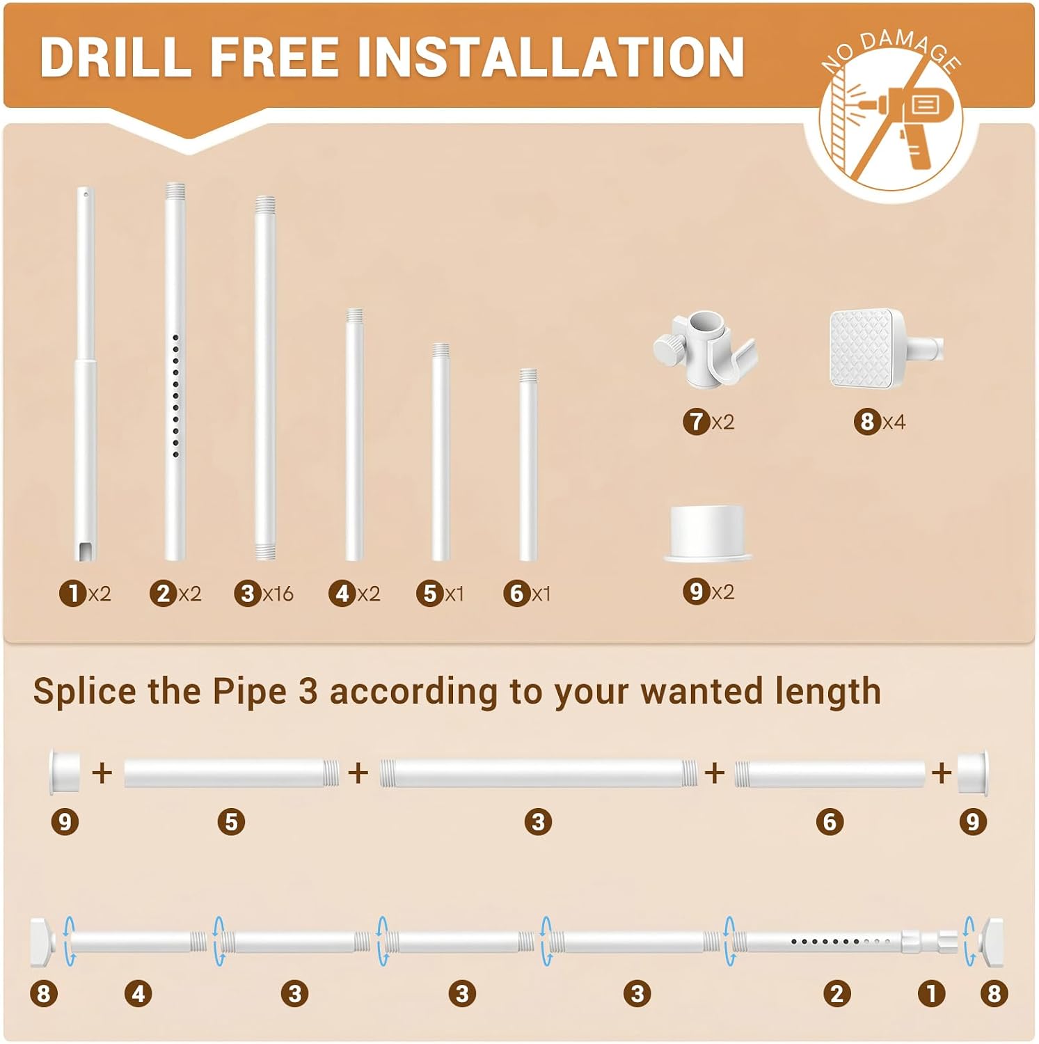 Room Divider Curtain Rod, No Drilling Adjustable Space Partition, Heavy Duty Floor to Ceiling Tension Rod, 4-10ft(H) 28-70inch(W), Temporary Wall Divider for Privacy, White thumbnail