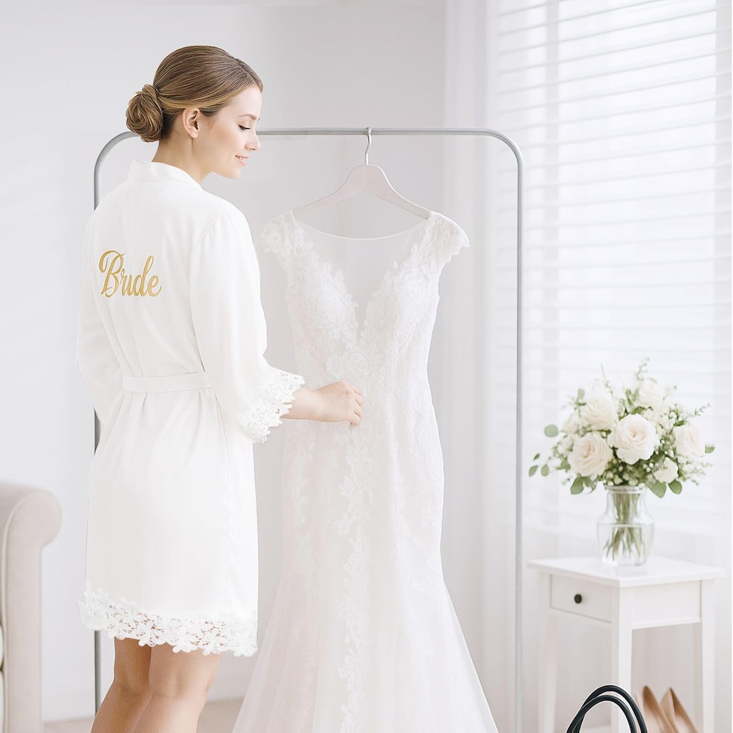 3 Pcs Bride Robe for Wedding Day Set with Makeup Bag, Slippers, Lace Trim White Robe -Short Getting Ready Wedding Robes Bridesmaids Bride Gifts