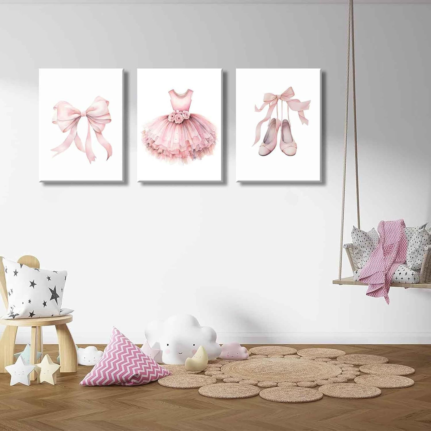 3Pcs Pink Ballet Nursery Canvas Wall Art Girls Baby Ballerina Painting Decor Picture Bow Dance Skirt Shoes Kids Posters Prints for Dance Studio Baby Room living Bedroom Decoration