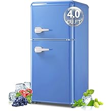 Mini Nevera Retro con Congelador 4.0 Cu. Pies, Nevera peque&ntilde;a con termostato ajustable de 7 niveles, Nevera compacta cl&aacute;sica de doble puerta Estantes de vidrio extra&iacute;bles para apartamentos, dormitorio, oficina, azul