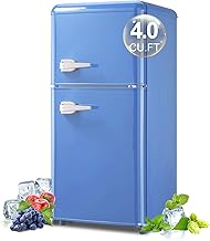Retro Mini Fridge with Freezer 4.0 Cu. Ft, Small Refrigerator with 7 Level Adjustable Thermostat, Compact Classic Dual Door Fridge Removable Glass Shelves for Apartments, Dorm, Office, Blue