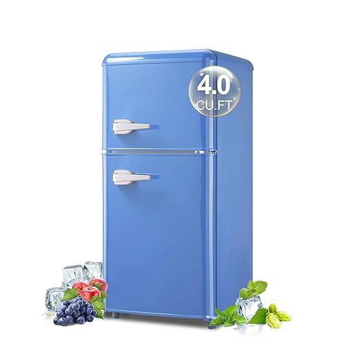 BINMIT Retro Mini Fridge with Freezer 4.0 Cu. Ft, Small Refrigerator with 7 Level Adjustable Thermostat, Compact Classic Dual Door Fridge Removable Glass Shelves for Apartments, Dorm, Office, Blue - Blue