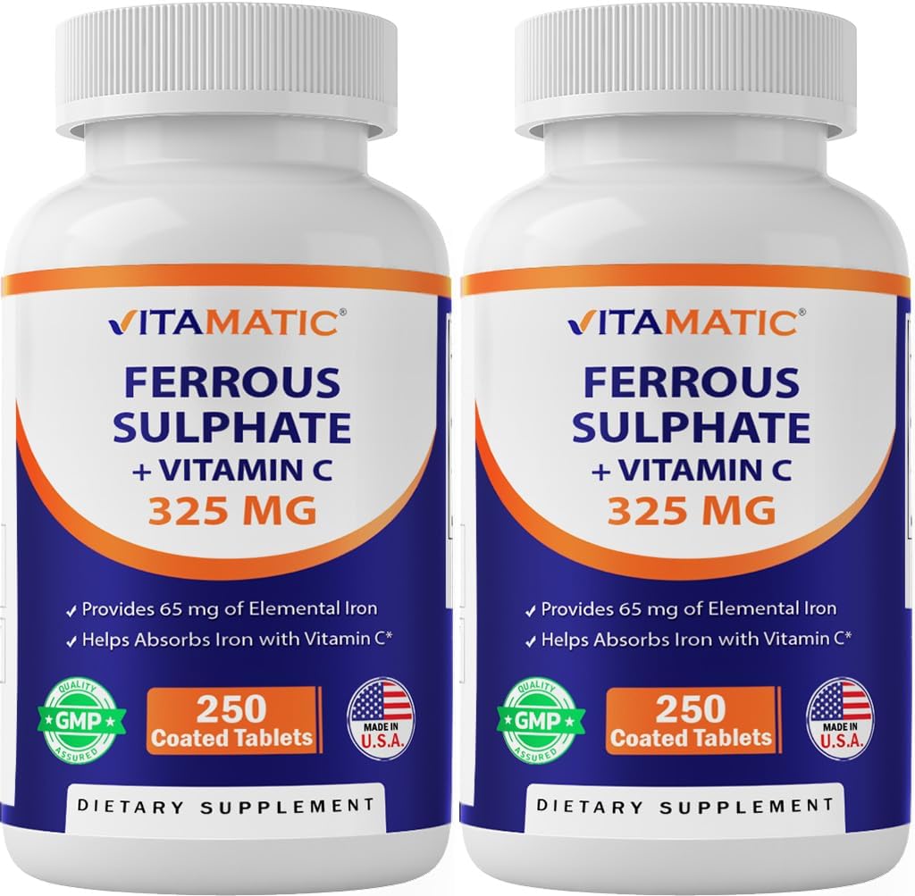 Vitamatic Ferrous Sulfate 325 mg with Vitamin C 100 mg (65 mg Elemental Iron) – High Potency Iron Supplement – No Artificial Colors – 250 Coated Tablets, Made in USA - 2 Pack
