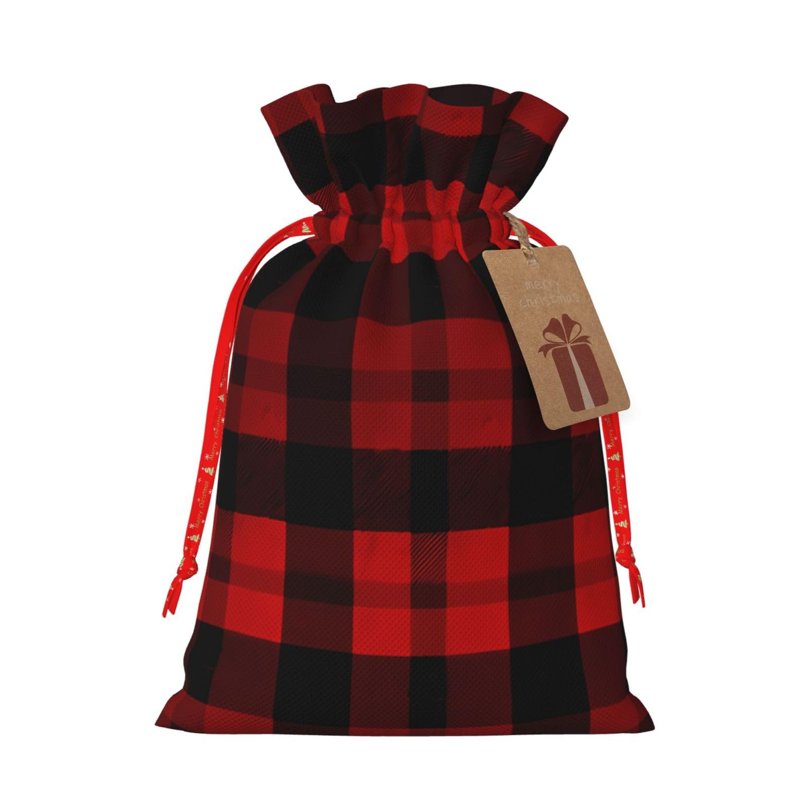 HCBPWVQA Plaid Red and Black Christmas Gift Bag Burlap Xmas Gift Bags Large Drawstring Gift Bags w/Tag Christmas Wrapping Bags Xmas Candy Bag Reusable Holiday Gift Bag Party Favors Bags Small