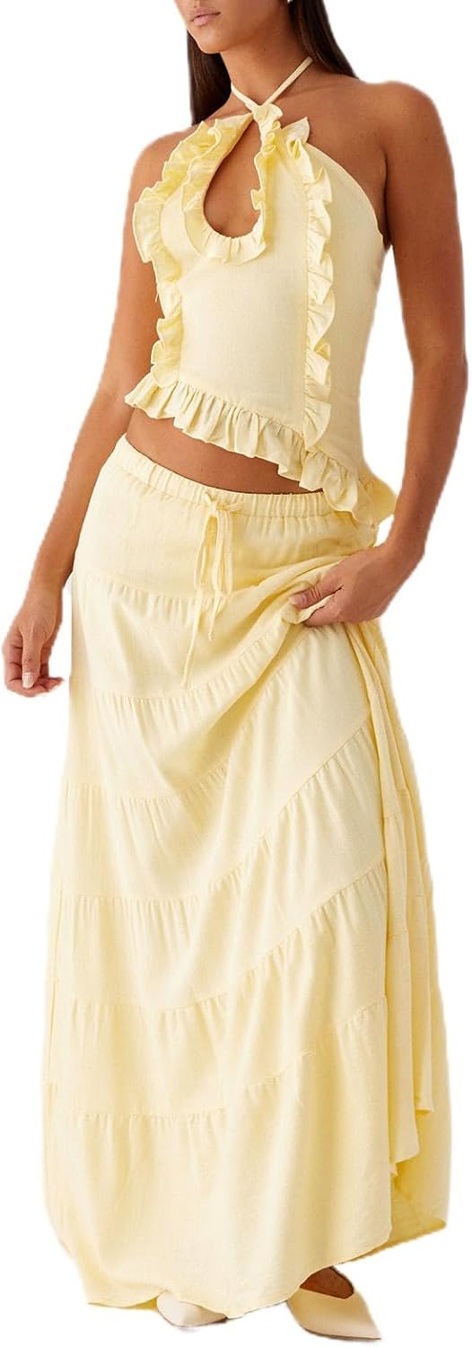 Flowy maxi skirt sets for women 2 piece sexy long skirt halter tank top set two piece going out set vacation outfits