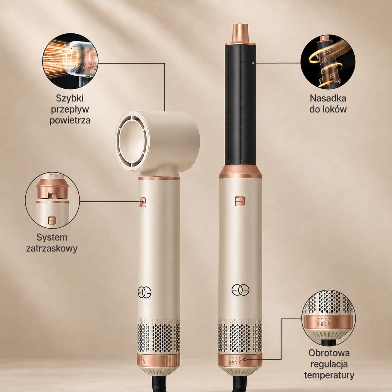 Golden Goods Airstyler Lokówka 5 w 1 - Szczotka do loków - Wielofunkcyjna suszarka do włosów z 5 nasadkami - Prostownica 1000 W - edycja sandstone