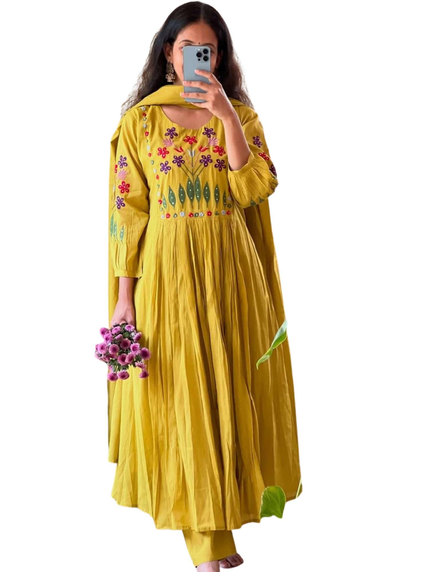 kashra Women’s Cotton Yellow Anarkali Kurti Set with Dupatta | Floral Embroidered Pleated Ethnic Dress-picture-27