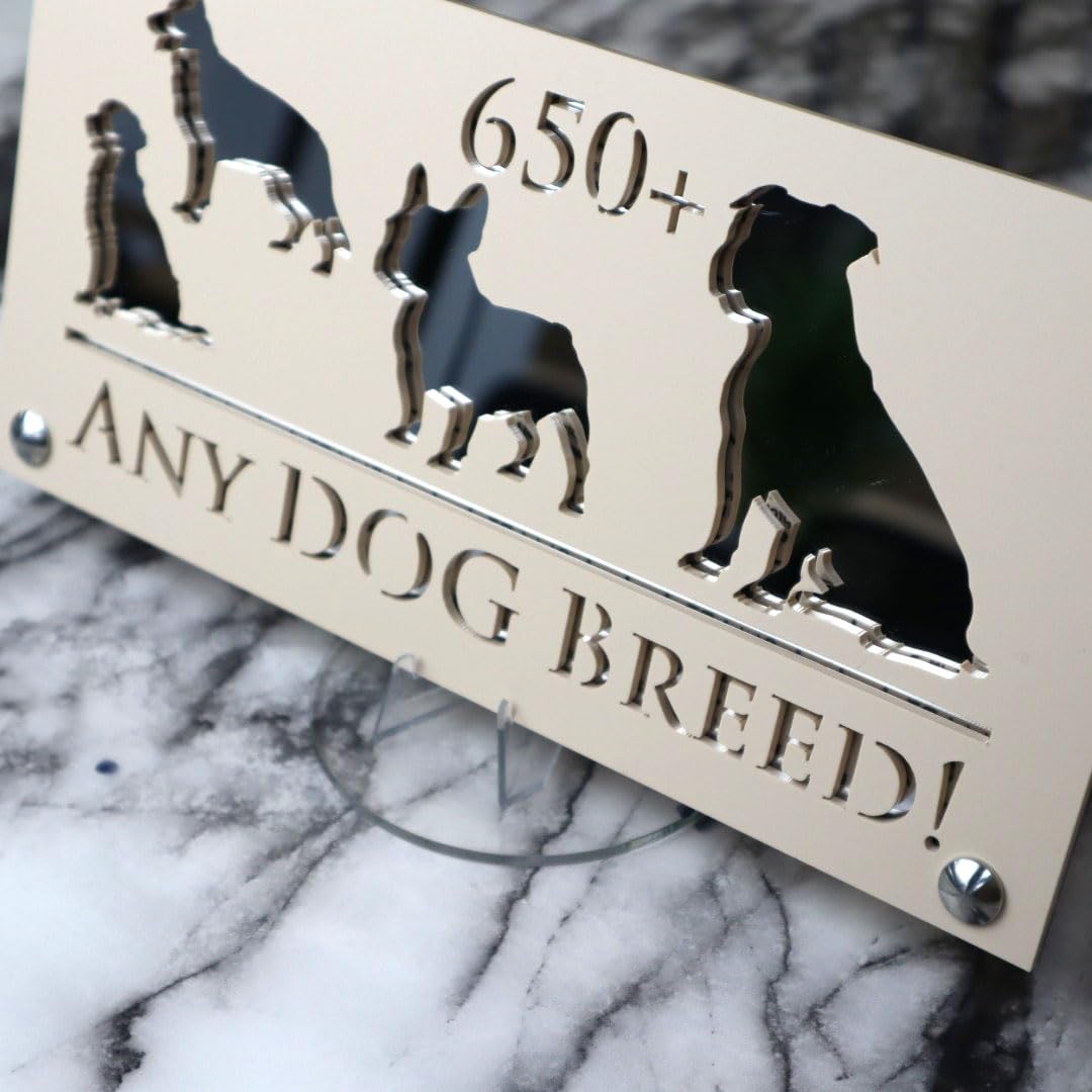K Smart Sign | 280mm x 140mm | Personalised Dog Luxe property house Dogs wall number address Any-Dog personalised plaque numbers signs fully personalised choose your own (Beige & Silver Mirror)