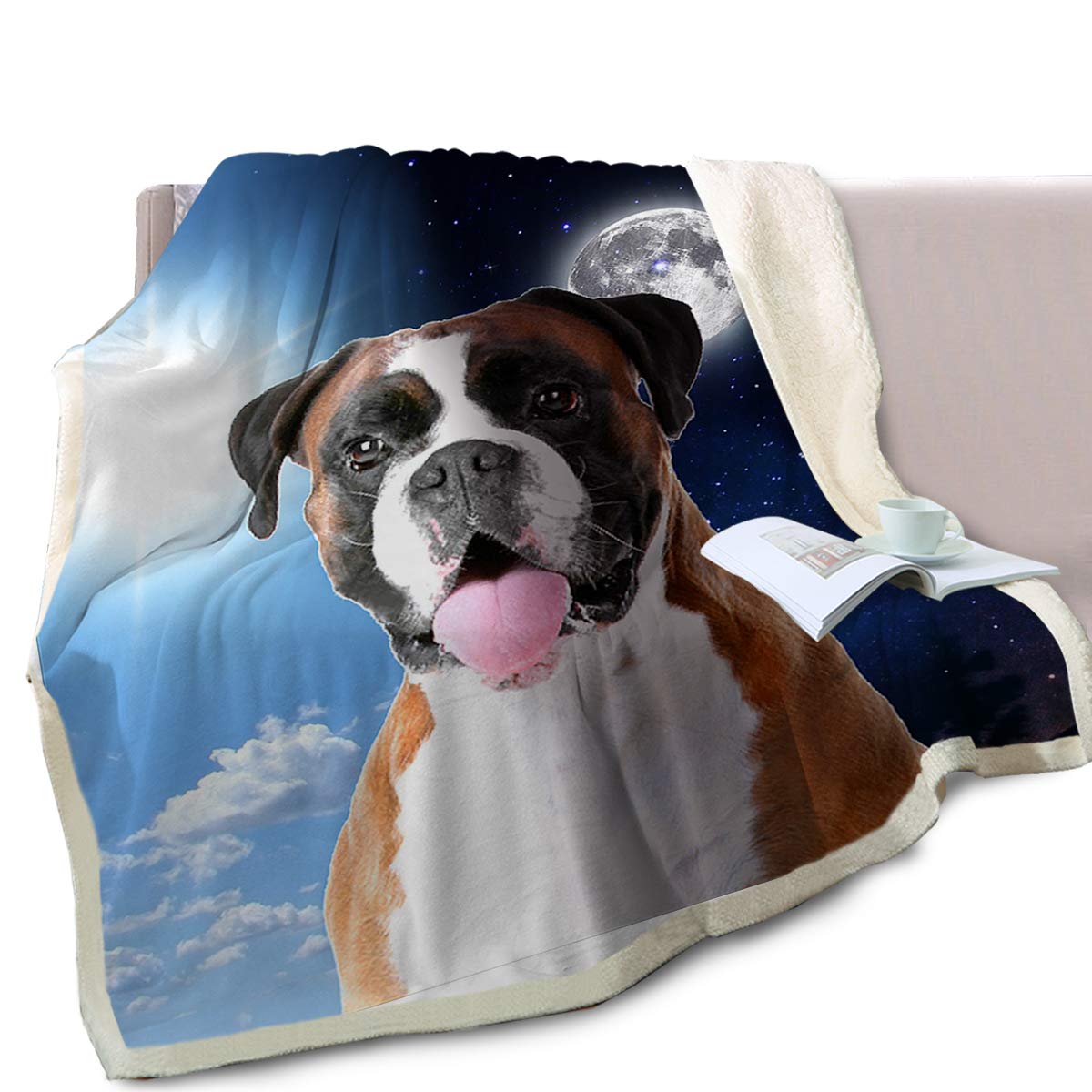 BlessLiving Big Puppy Print Blanket Cute Dog Against A Blue Sky Children's Sherpa Fleece Blanket Couch Throw Blanket (Cool Boxer Dog, 50 x 60 Inches)