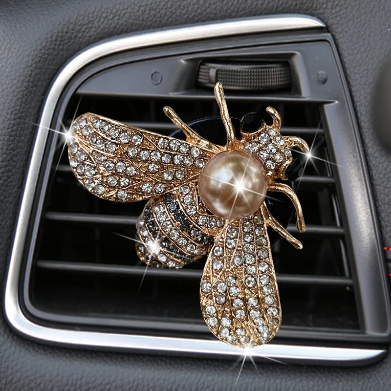 Shiny Bee Car Air Freshener Dashboard Outlet Vent Clips?Pearl Diamond Bee Car Perfume Car Air Conditioner Air Outlet Decoration Aromatherapy Clip?cute Bling Bee Charms Rhinestone Auto Interior Decorations Accessory (Gold)